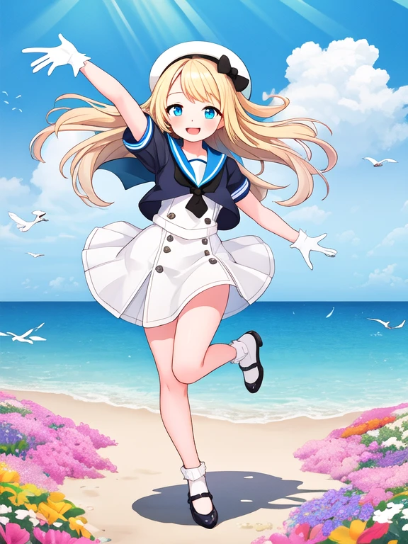 alone, one girl, jarvis, long hair, sailor hat, white sailor suit, cropped jacket, short sleeves, blonde, cute, happy, nice smile, young, bright sunlight, Full body image, Are standing, dance, (masterpiece:1.2), best quality, masterpiece, top quality, sea, seagulls, looking at viewer, flowers, shining eyes,