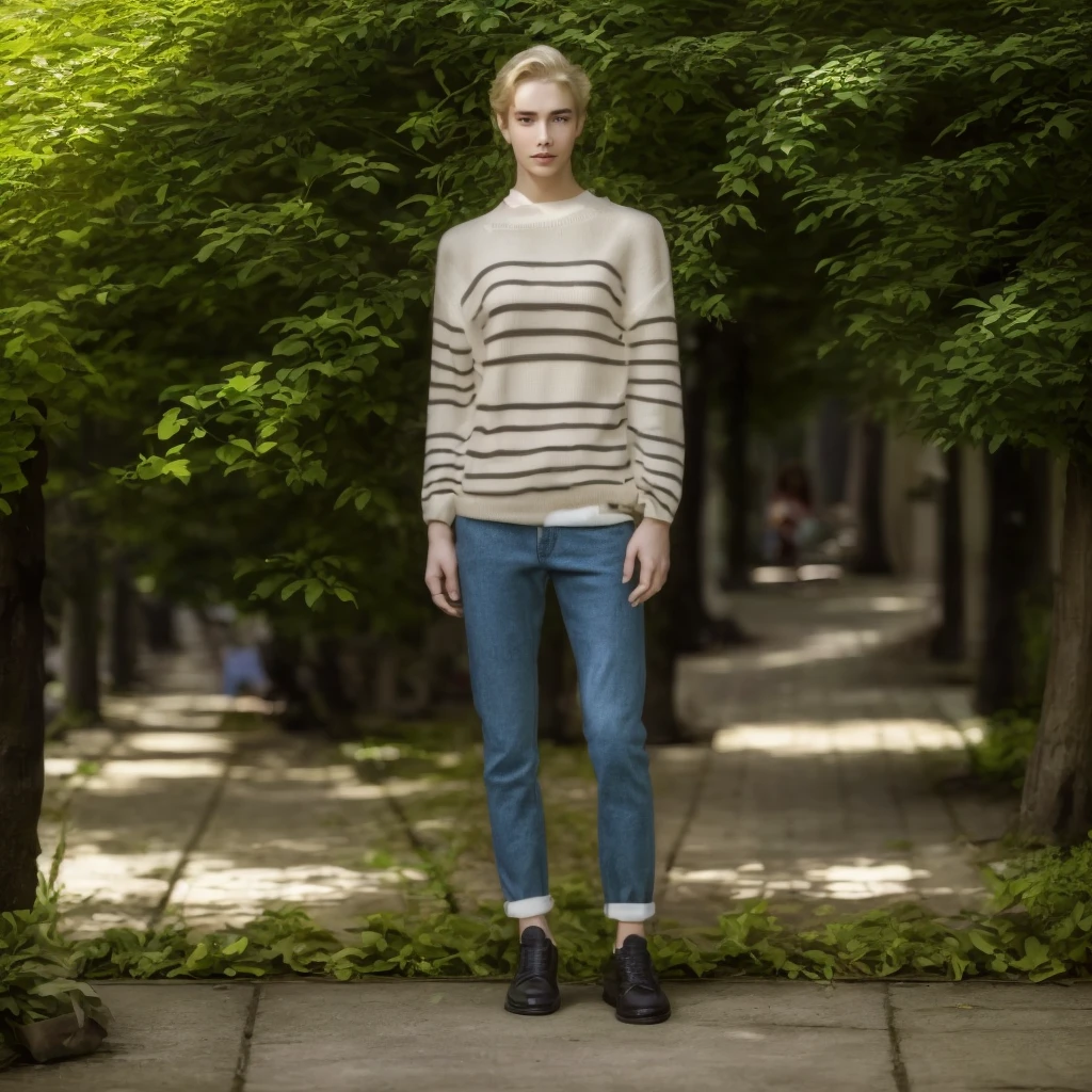 The model in the photo wearing the same clothes sitting on a bench surrounded by plants and trees in a sunny sky