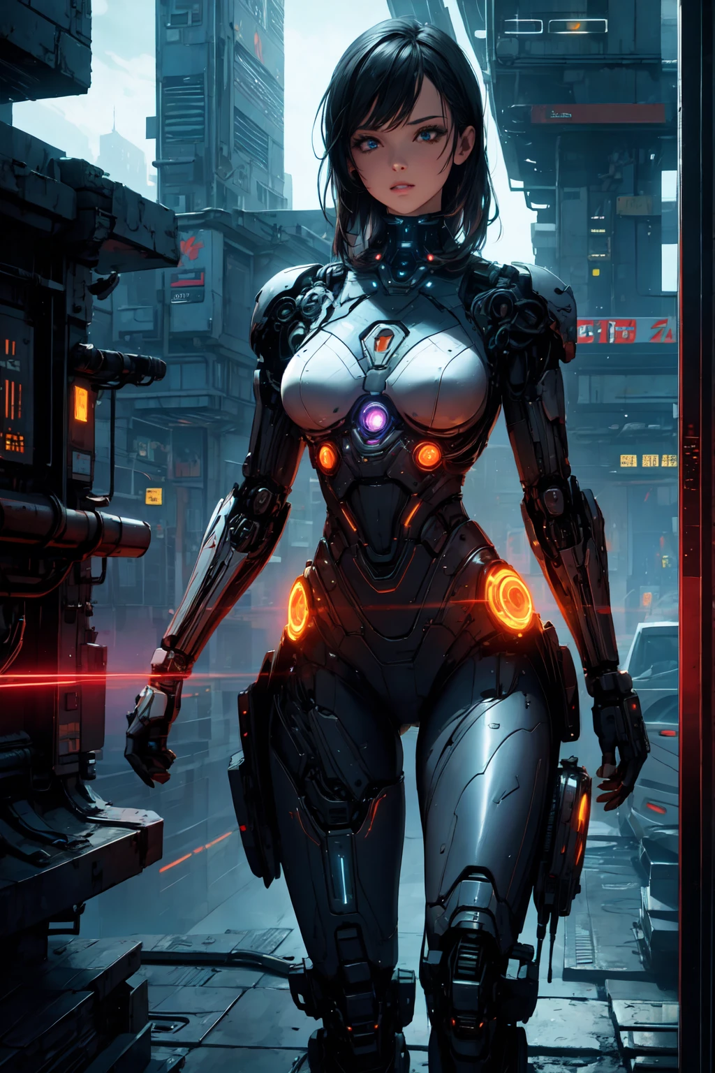 a beautiful woman, highly detailed mechanical body, elegant mechanical limbs, glowing cybernetic implants, intricate futuristic technology, glossy chrome plating, neon lights, dramatic lighting, cinematic composition, (best quality,4k,8k,highres,masterpiece:1.2),ultra-detailed,(realistic,photorealistic,photo-realistic:1.37),intricate mechanical details,seamless integration of organic and inorganic elements,digital painting,science fiction,cyberpunk aesthetic,vibrant color palette,dramatic lighting and shadows,advanced robotics,glowing circuitry,chrome and glass surfaces,detailed mechanical joints and gears,futuristic female cyborg.