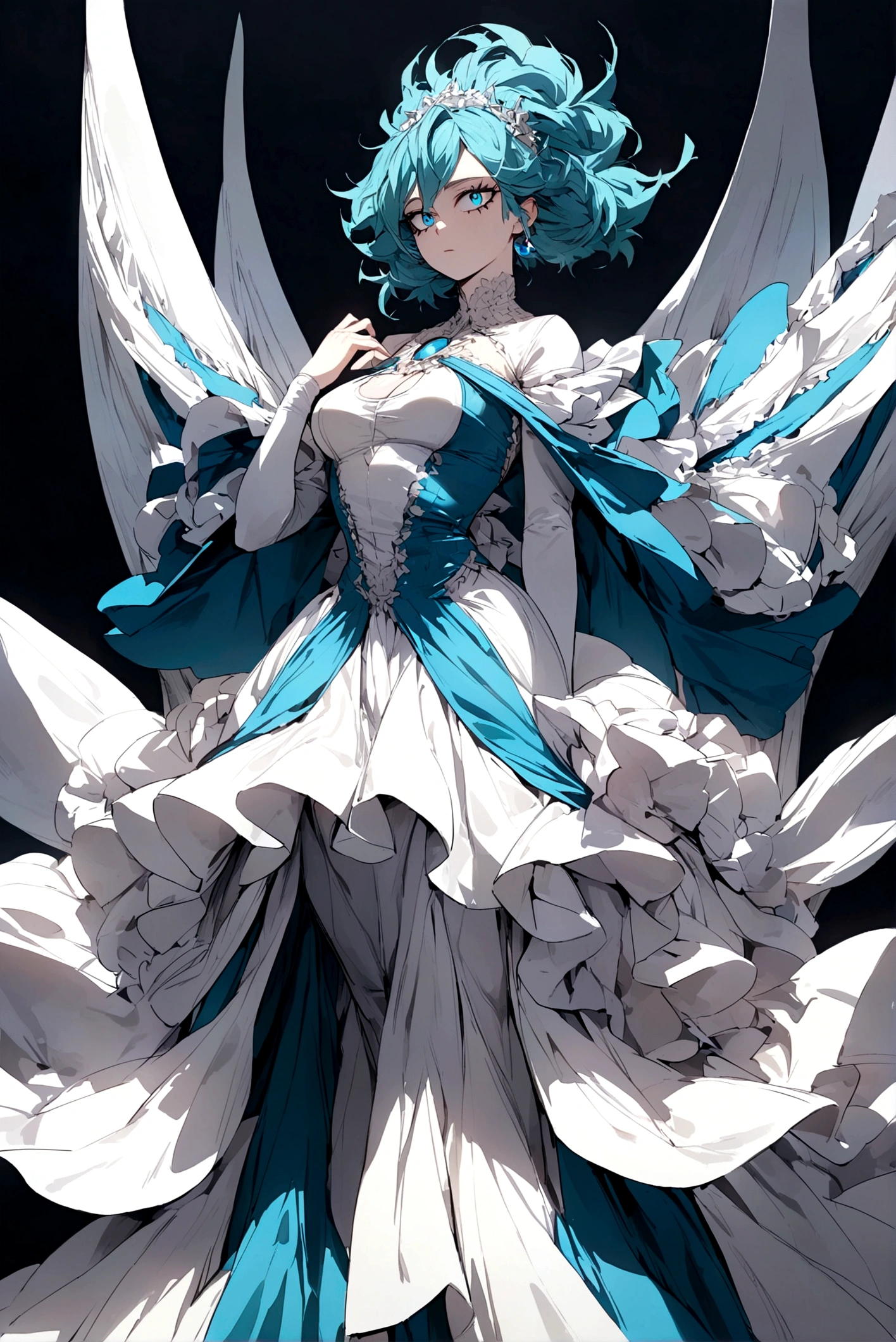 My hero academia, woman with long cyan hair and cyan eyes, wearing a dress and a hourglass figure