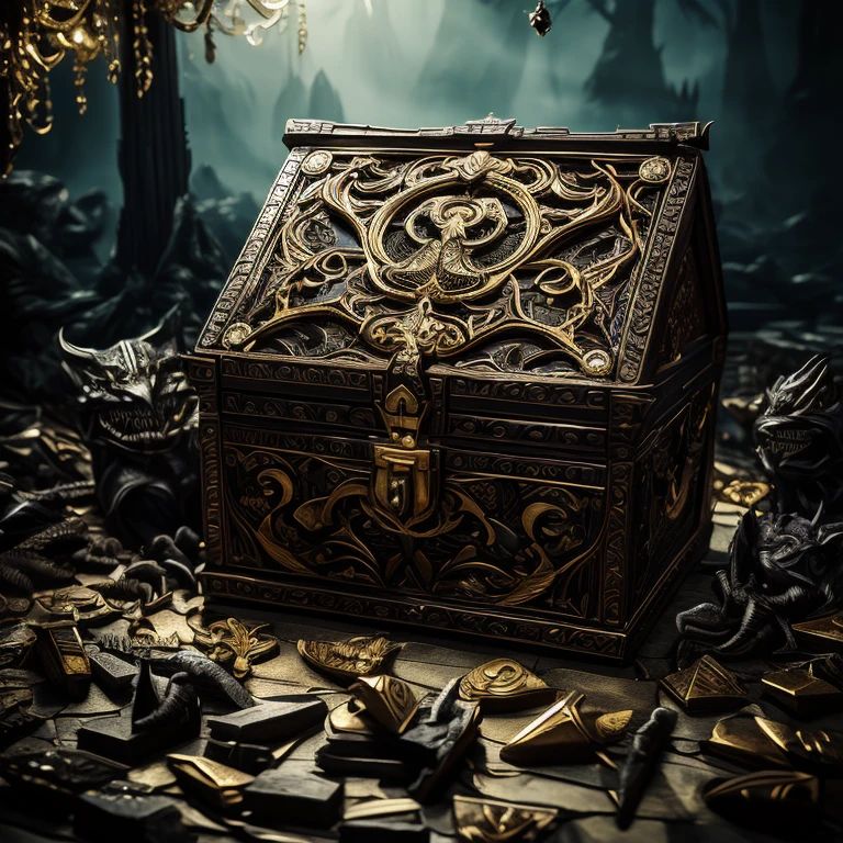 Treasure Box Monster Mimic, mimicry, Monster disguised as a treasure chest, Very detailed, Complex design, Gorgeous gold embellishment, Shining Magic Aura, sharp claws and teeth, Ominous Presence, fantasy, Dark gloomy lights, Composition, Dramatic shadows, Rich colors, number, Concept Art, The award-winning, cinematic still, emotional, vignette, dynamic, vivid, (masterpiece, best quality, Professional, perfect composition, very aesthetic, absurdres, ultra-detailed, intricate details:1.3)