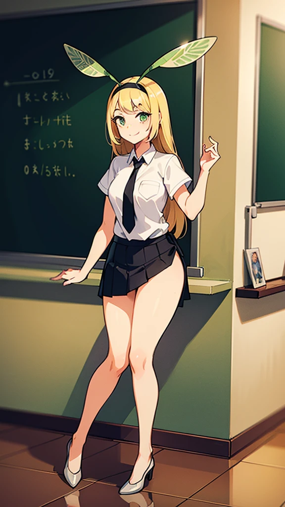 ((1girl ,20s,mature female,)),happy face,white shirt,short sleeves,(black standard tie),white school skirt,blonde hair,long hair,fmantis girl, full body, classroom,insect wings, compound eyes