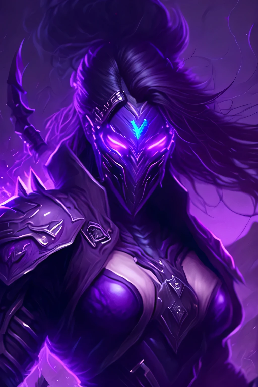 DARK PURPLE VOID WALKER WARRIOR, no helmet, holding a purple neon kitana, rage unleashed beautiful eyes and long flying hair.