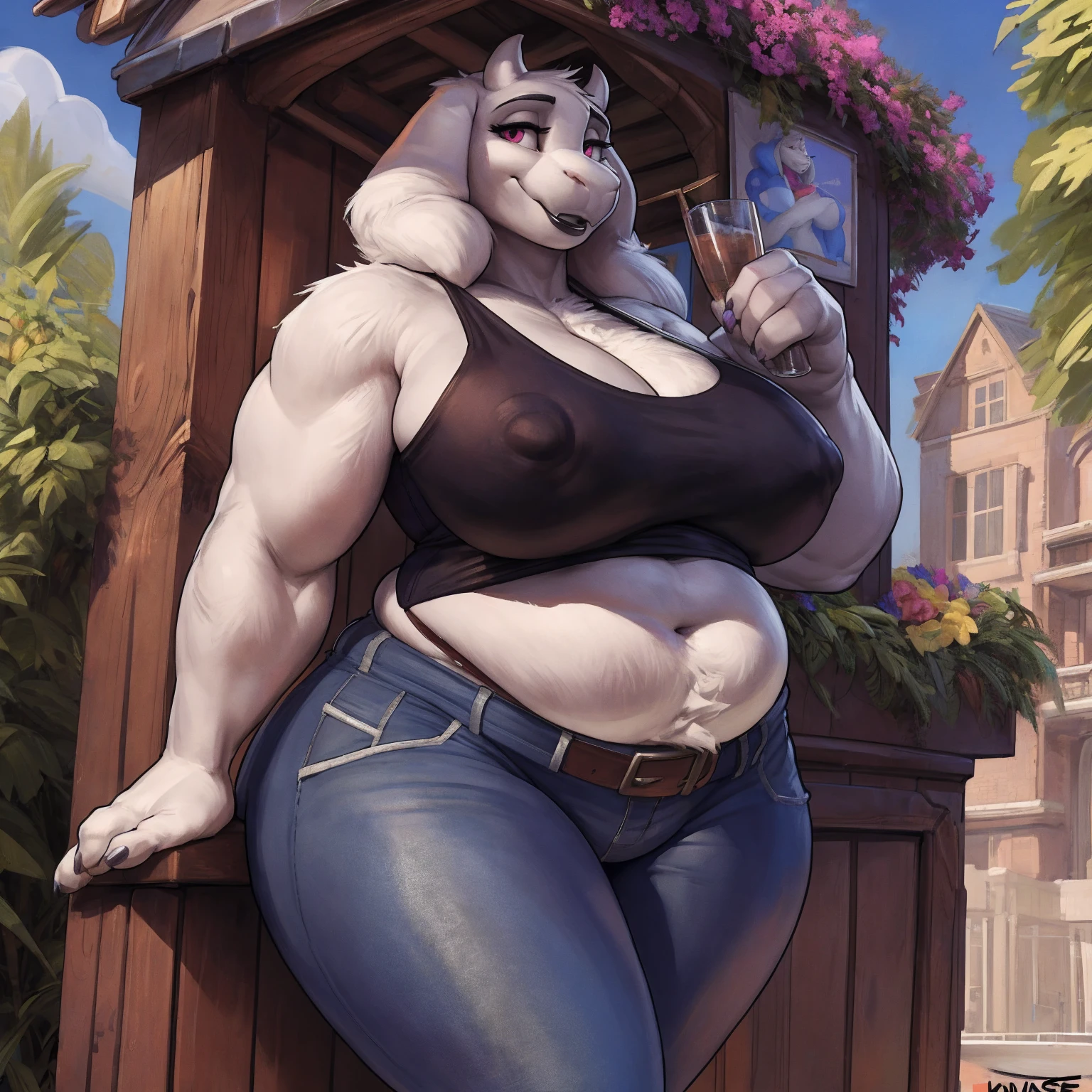 by darkgem, by duase, by kevinsano, solo, 1girl, toriel, maroon eyes, female, older woman, furry body, chubby, heavyset, broad shoulders, wide body, wide hips, thick thighs, big arms, heavy breasts, nipple outline, highly detailed eye, (black pupil:1.3), milf, tank top, bare midriff, cleavage, large areolae, mom jeans, lowrise jeans, bare midriff, visible thong straps, Masterpiece, best quality, absurd res, highly detailed, cleanly drawn eyes, park environment, cute smile, black lipstick, standing upright, casual posture,