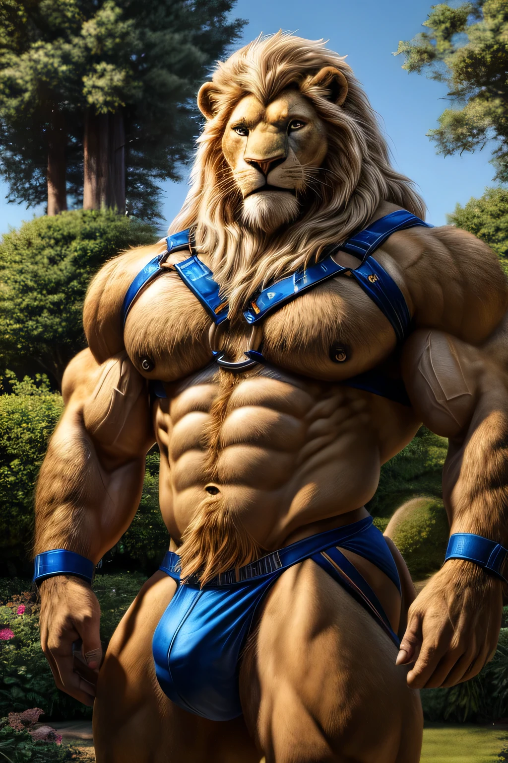 lion anthro, werelion anthro, male, long blond mane, big muscles, very muscular arm, muscular pectorals, extremely detailed eyes, very hairy body, daddy body, harness on the chest, in tight jockstrap, in a large garden, with very tall trees, looks at the viewer , realistic, photorealistic, 8k