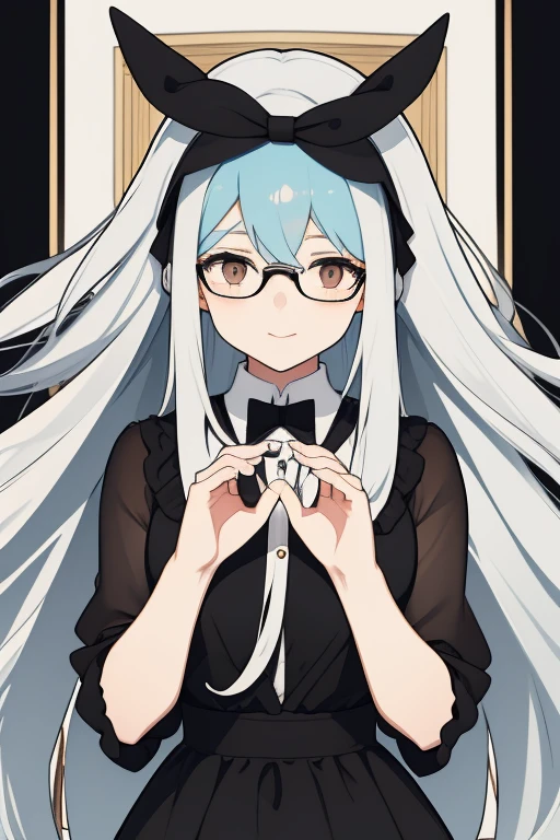 Young woman long white hair black headband black bow brown eyes light blue dress glasses very happy