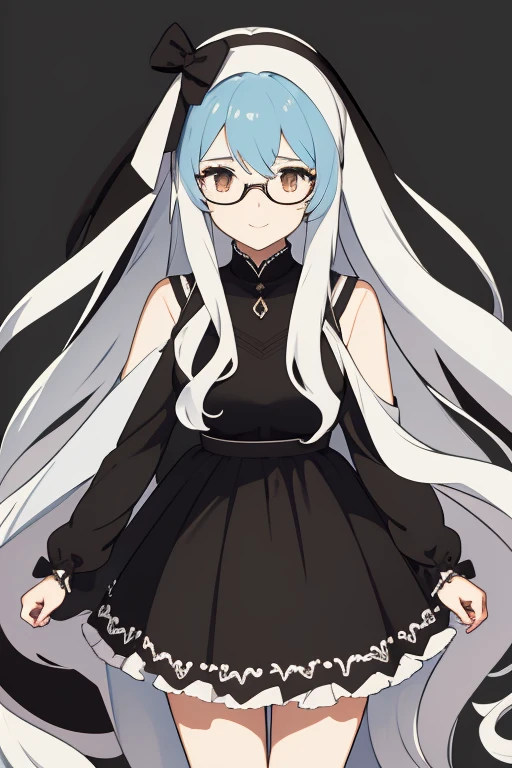 Young woman long white hair black headband black bow brown eyes light blue dress glasses very happy