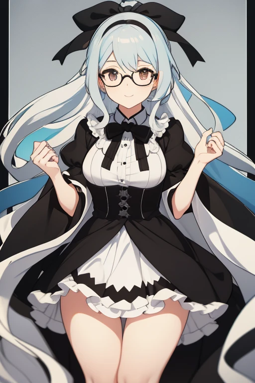 Young woman long white hair black headband black bow brown eyes light blue dress glasses very happy