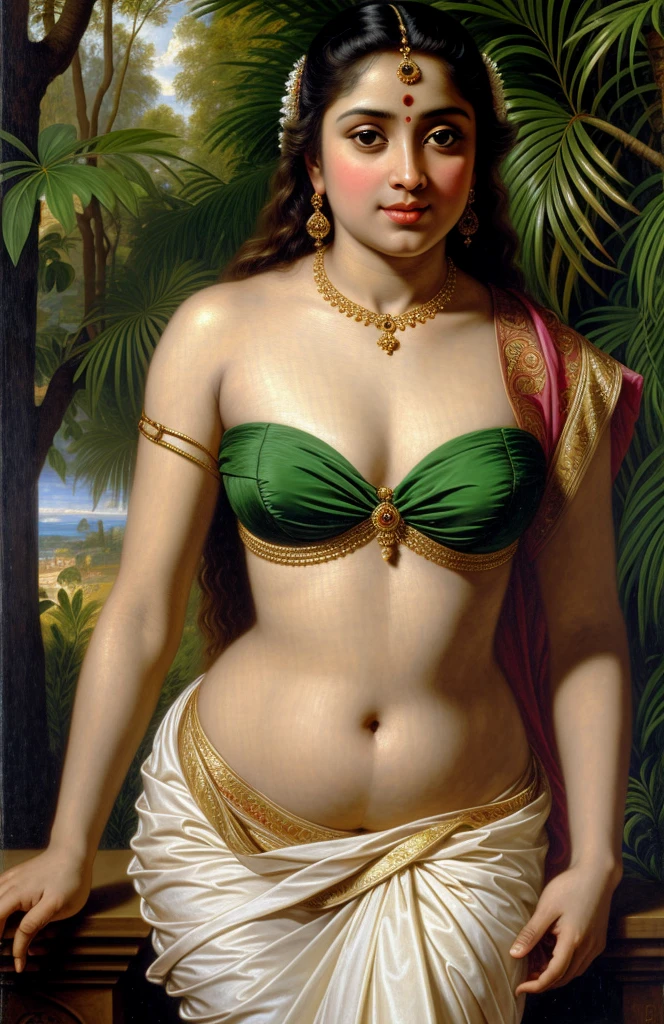 Looks like Jannat Zubair, Beautiful Indian Woman, wearing saree, sari Beauty, gorgeous, curvy, sexy navel folds, Apsara, Maharani, royal queen woman, nymph from Hindu Mythology, Urvashi, matchless beauty, Highly detailed, Oil Painting by Peter Paul Rubens inspired by Raja Ravi Varma, Matchless beauty, captivating, gorgeous, heavenly beauty, celestial beauty, by Peter Paul Rubens, 13, realistic, hyper realistic, micro details, incredible artwork, insane details, ultra High resolution, 8k, 32k, acrylic on canvas, intricate, flawless, detailed, detailed face, detailed eyes, masterpiece, by Peter Paul Rubens, by Caravaggio, by William Adolphe bouguereau, perfect face, perfect body, beautiful art, realism, baroque, renaissance Art, highly textured, beautiful and detailed eyes, uhd, best quality,
