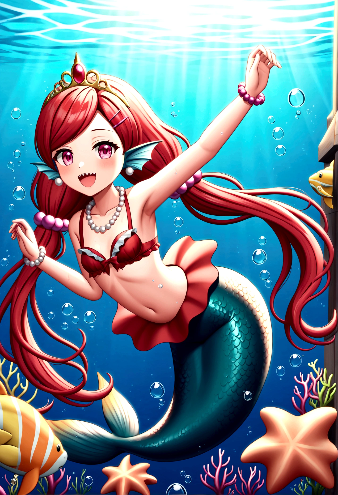 (best quality,4k,8k,highres,masterpiece:1.2),ultra-detailed, Pretty  princess magically transformed into a beautiful mermaid, race swap, fantastic transformation, none human, steampunk, fish like, wet body, surrounded by small bubbles, long and detailed mermaid tail with shimmering red fish scales, fins ears, drawn in anime style, very long pigtails red hair, sharp teeth, is smiling, pink eyes, small breast, long pelvic and dorsal fins, pair of fish gills on the torso, red seashells bra, starfish hair clips, pearl earrings and bracelets, pearl necklace, hair ribbons, gold tiara, ocean depths, swimming underwater, joyful expression, playful mermaid poses, sparkling water, water reflections, ethereal atmosphere, subtle glow, whimsical and enchanting, checking her new body, underwater world, colorful coral reef, magical underwater lighting, vivid colors, breathing underwater, endless ocean depths, sunlight filtering through the water, Highly detailed, masterpiece, high quality, 4K.