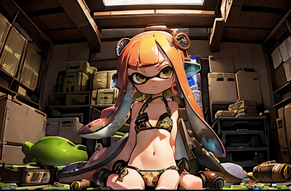 (splatoon girl:1.2)、Sitting in the armory、Sitting at a desk、Golden Eyes、Camouflage-colored tentacle hair、((camouflage bikini))、Choosing a weapon、、(Many guns on the wall:1.2、Scattered ammunition、Stacked ammunition boxes)、Detailed facial depiction、Fisheye Lens、Wide angle、Depict a larger room、masterpiece、Highest quality、High resolution、8K、Super detailed、One-frame comic situation art、