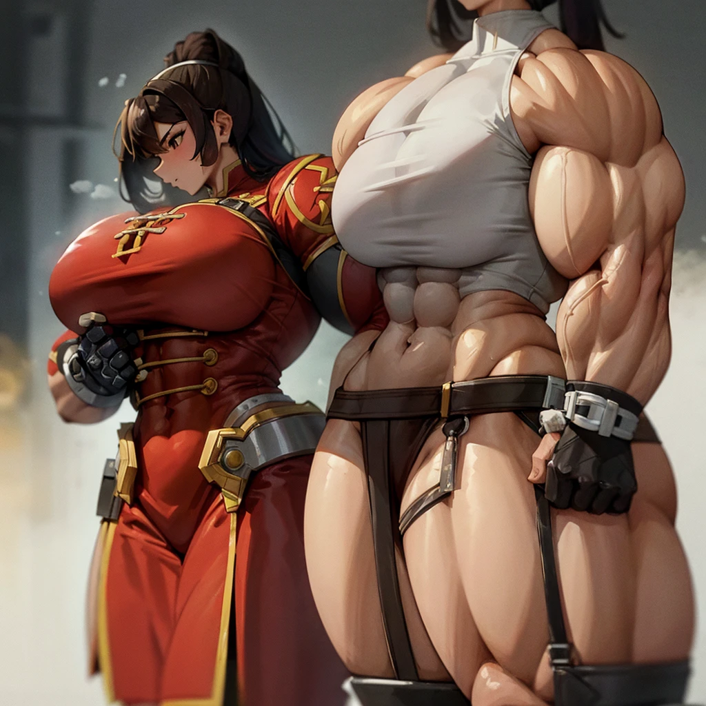 a close-up of a woman in a red dress holding a barrel, Chun Li na academia, muscular girl, muscular!! Sci-fi, big arms, huge muscles, big biceps, strong arms, huge muscles, strong and imposing, heavy appearance, bursting with muscles, big muscles, big muscles, muscular and scary, muscular! cyber punk, muscular!!, forte e musculoso