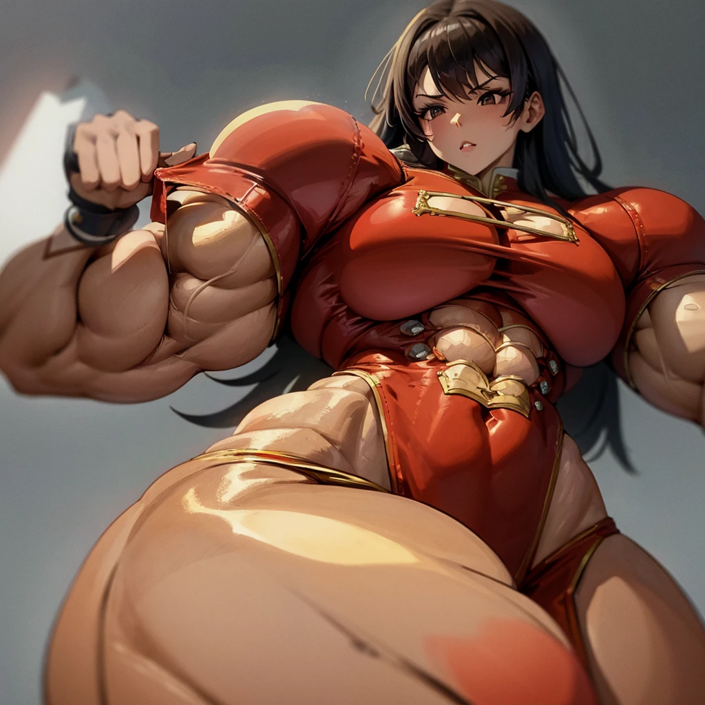 a close-up of a woman in a red dress holding a barrel, Chun Li na academia, muscular girl, muscular!! Sci-fi, big arms, huge muscles, big biceps, strong arms, huge muscles, strong and imposing, heavy appearance, bursting with muscles, big muscles, big muscles, muscular and scary, muscular! cyber punk, muscular!!, forte e musculoso