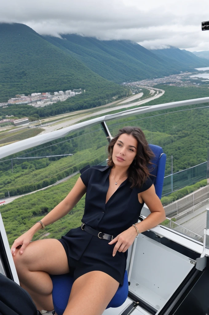 femme portant des écouteurs assise dans un helicopter avec vue sur les montagnes, assis dans une grue, style de Julia Razumova, view of'helicopter, Dasha Taran, cute pilot girl, Instagram Model, pilot girl, with mountains in the background, photo de profilture, headshot photo de profilture, photo de profil