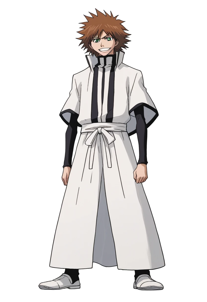 ((((white background)))), simple background, watercolor, 1 boy, standing, smile, mid-length curly hair, brown hair, light skin, green eyes, smug, teeth, front view, white outfit from bleach manga , bleach manga sword, score_9, score_8_up, score_7_up, score_6_up, score_5_up, score_4_up, BREAK source_anime, masterpiece