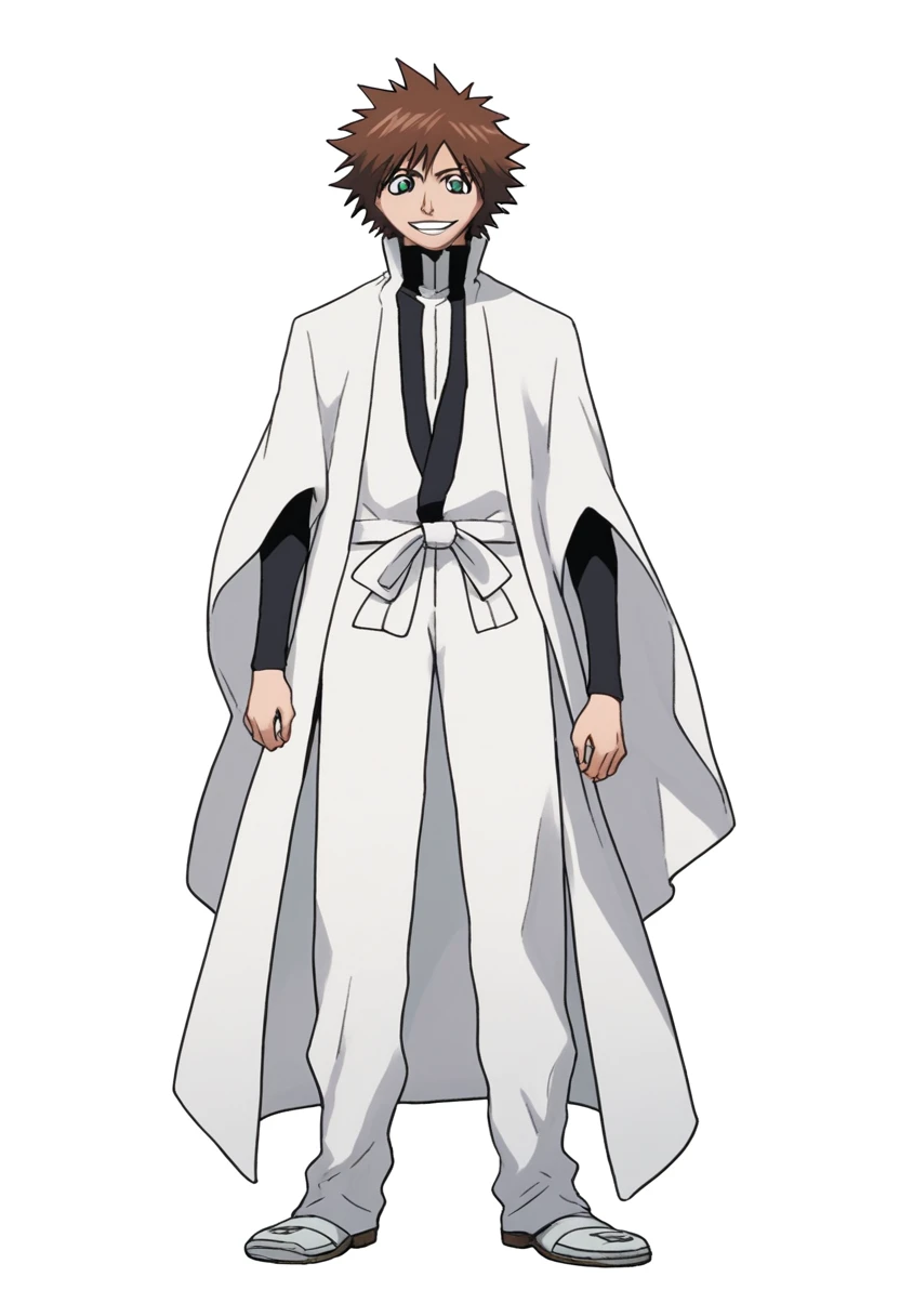 ((((white background)))), simple background, watercolor, 1 boy, standing, smile, mid-length curly hair, brown hair, light skin, green eyes, smug, teeth, front view, white outfit from bleach manga , bleach manga sword, score_9, score_8_up, score_7_up, score_6_up, score_5_up, score_4_up, BREAK source_anime, masterpiece