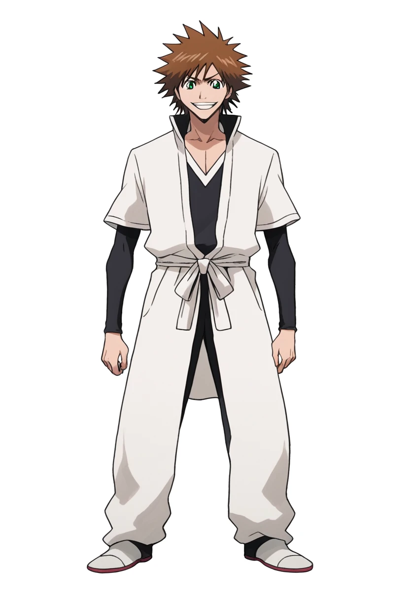 ((((white background)))), simple background, watercolor, 1 boy, standing, smile, mid-length curly hair, brown hair, light skin, green eyes, smug, teeth, front view, white outfit from bleach manga , bleach manga sword, score_9, score_8_up, score_7_up, score_6_up, score_5_up, score_4_up, BREAK source_anime, masterpiece