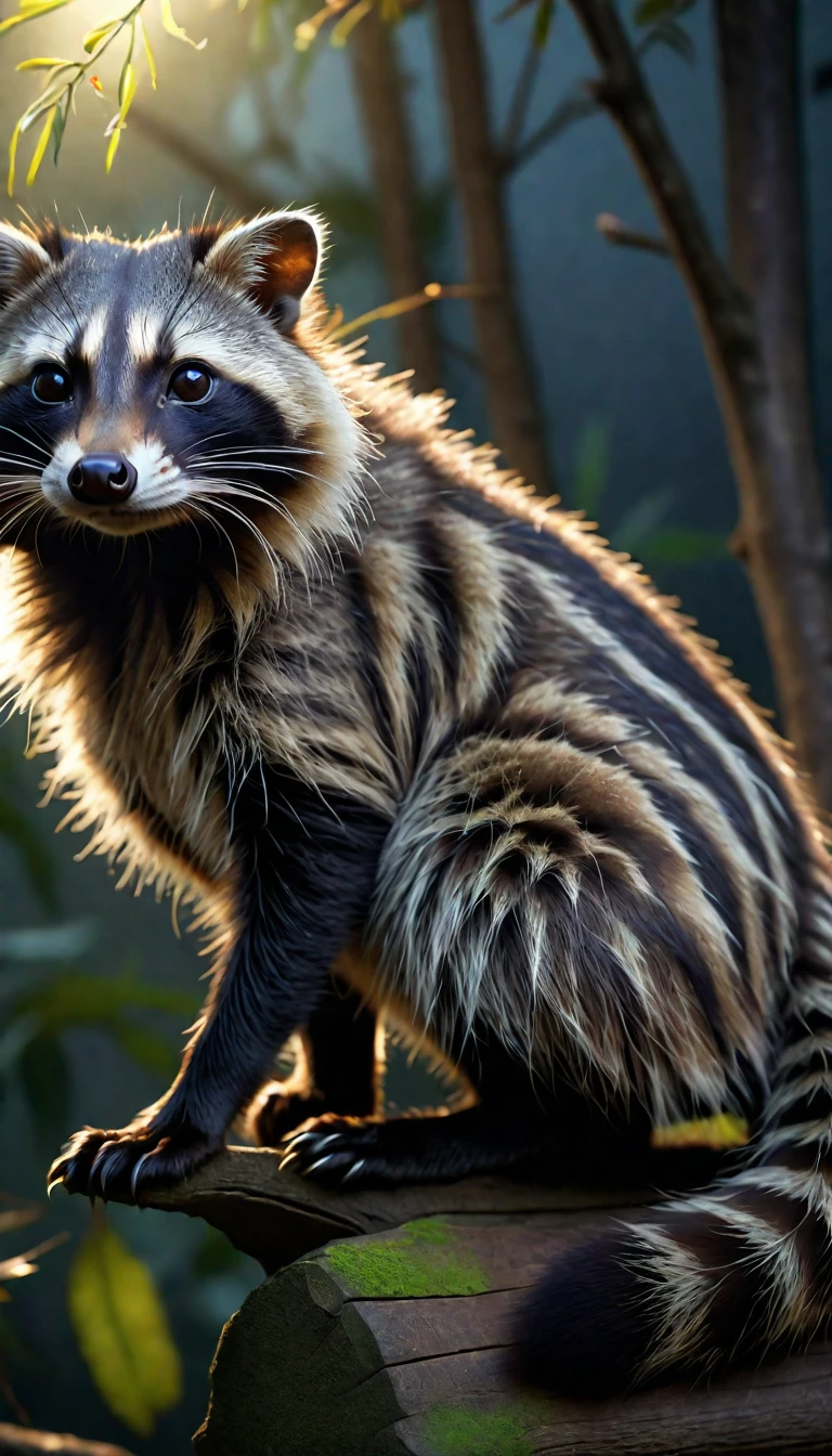 Looks like a civet cat，The raccoon has long hair on its head，Mysterious Creatures, shrike, (best quality，4K，8K，High level，masterpiece：1.2），Ultra Detailed，（lifelike，Photo real，Photo real：1.37），Highly detailed animals，Complex patterns，Realistic lighting，Fantasy Creatures