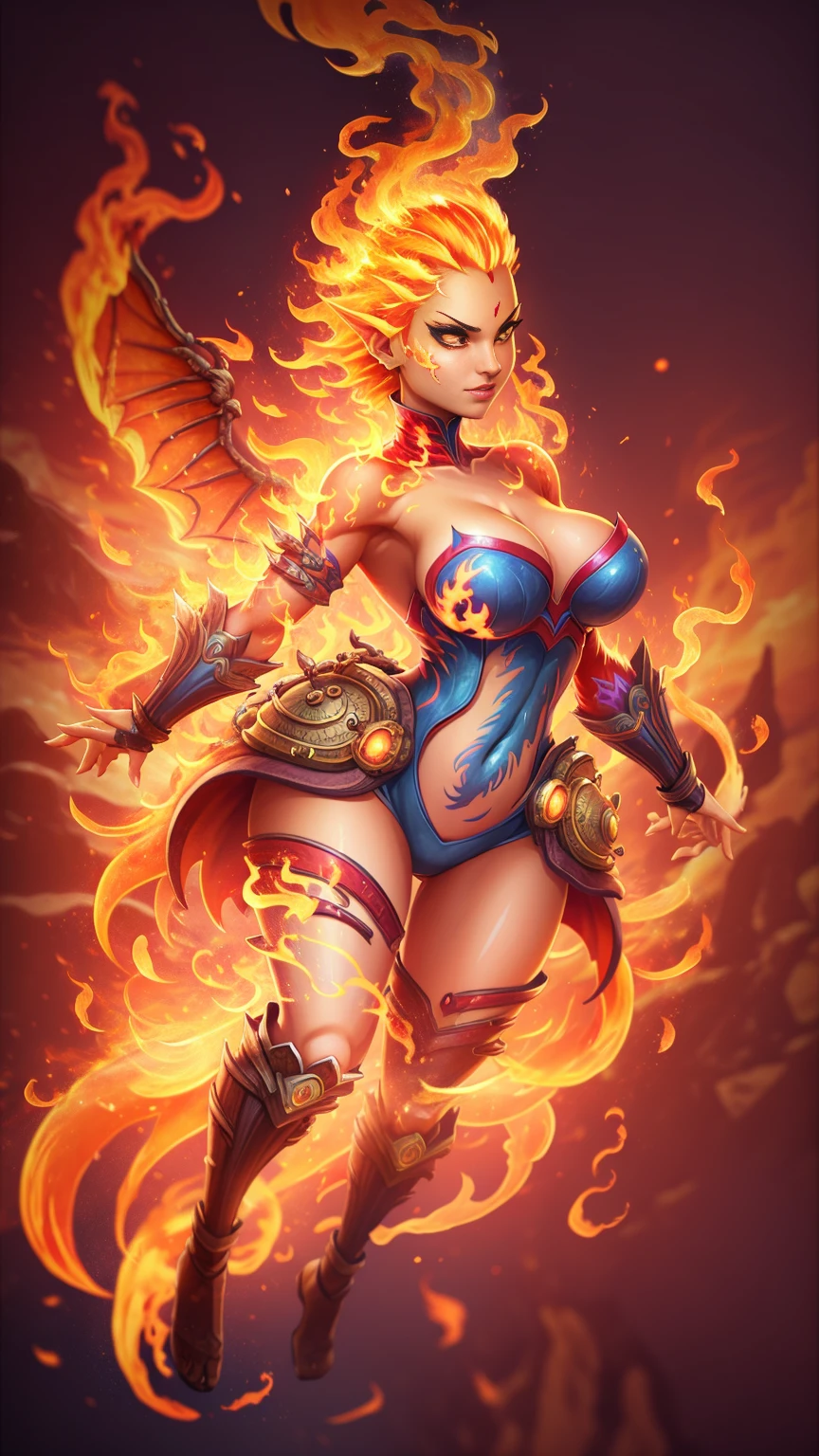 Fantasyart、(top-quality、masterpiece:1.2)、ultra-detailliert、(photoRealstic:1.1)、(sharp focus)、(A female spirit of melted flame that burns bright red:1.5)、(full body Esbian:1.4)、Detailed Molten Fire Elemental, fire demon wings、(Red and Yellow Blue Flame:1.5)、Being in a fantasy world。Fractal art of flame、kindly smile、beautiful face、A detailed face、perfectly proportions、big breasts、busty, curvy hips、navel、buttock、Crotch gap、thighs thighs thighs thighs、(Dynamic Poses:1.5)、Steampunk style、Detail Master 2、steampunc、Movie girl、Girl melts、