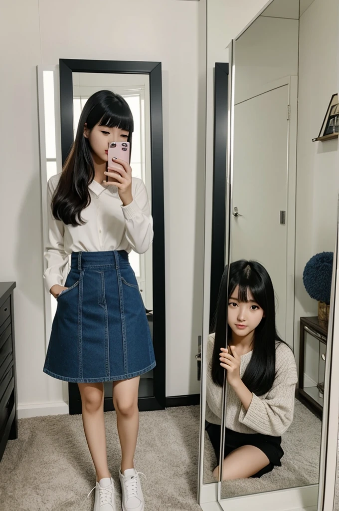 there is a woman taking a selfie in the mirror, 21 years, 22 years, 18 years, 27 years old, 23 years, 2 4 year old female model, 28 years old, 29 years, korean, 16 years, 24 years old, thin girl photo, 1 8 son