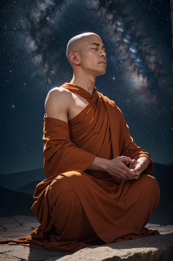Monk meditating deeply with the universe around him 