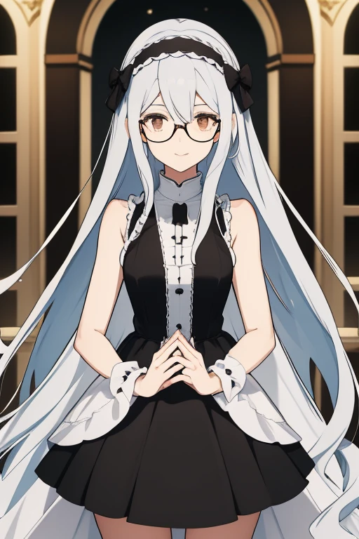 Young woman long white hair black headband black bow brown eyes light blue dress glasses very happy