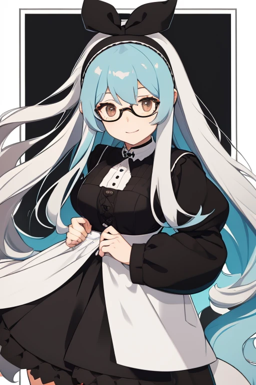 Young woman long white hair black headband black bow brown eyes light blue dress glasses very happy