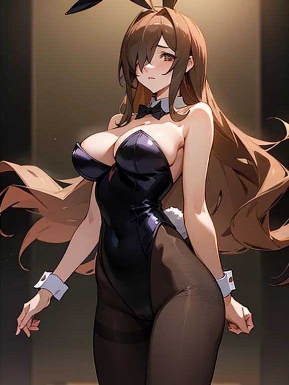 aawiz, long hair, ahoge, hair over one eye, large breasts, pantyhose, playboy bunny, bare shoulders, cowboy shot, standing, highly detailed, HD