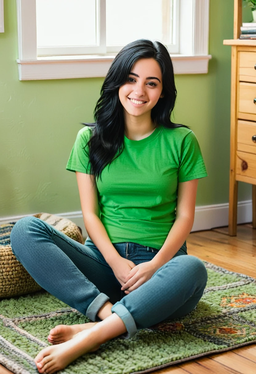 A teenage woman with black hair, green t-shirt with belly out, jeans pants and barefoot, sitting on a rug