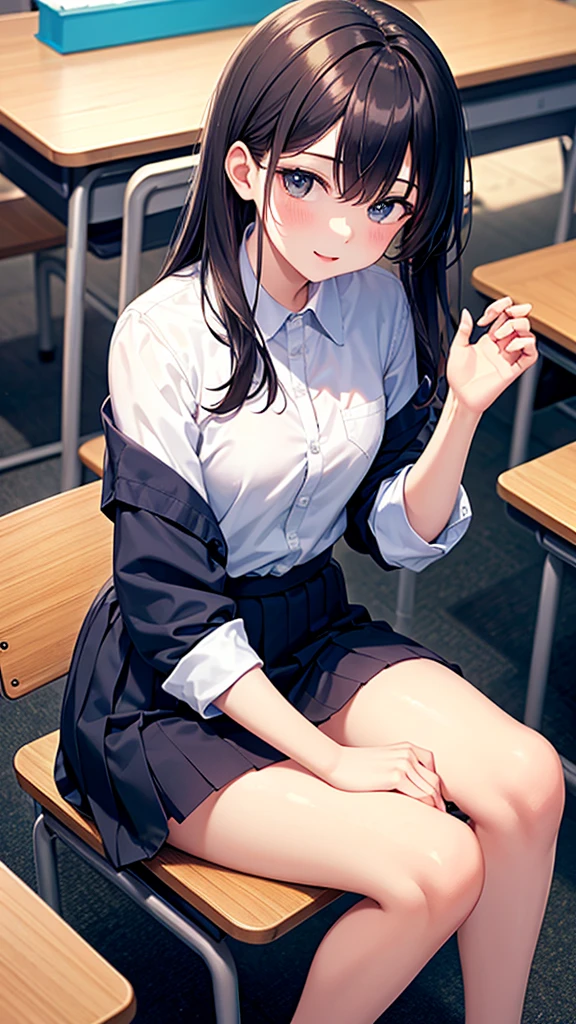 highest quality、4K quality、Man sitting on chair in classroom, man young, smart, A high school backwards on a men、a man puts his hand inside a woman&#39;s clothes、The woman has bare legs、The woman is slender、Man is a teacher、Woman opens her mouth and sticks out her tongue、The woman&#39;s crotch is wet