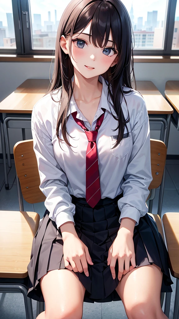 highest quality、4K quality、Man sitting on chair in classroom, man young, smart, A high school backwards on a men、a man puts his hand inside a woman&#39;s clothes、The woman has bare legs、The woman is slender、Man is a teacher、Woman opens her mouth and sticks out her tongue、The woman&#39;s crotch is wet