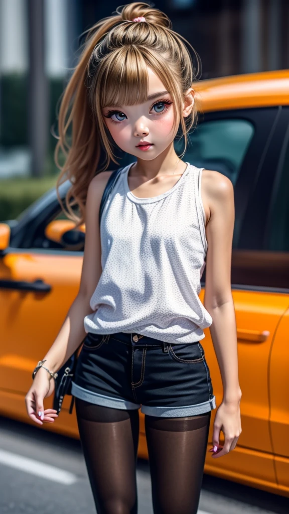 Cute Baby Chibi Anime、(((chibi 3d))) (Best Quality), (Mesa)、Chibi Model、standing、(Shorts over orange pantyhose: 1.4) (Houndstooth Heart Brand Shorts)、(Cosmetic products、Fall Makeup Method Cover) Shibuya、fighting cross、