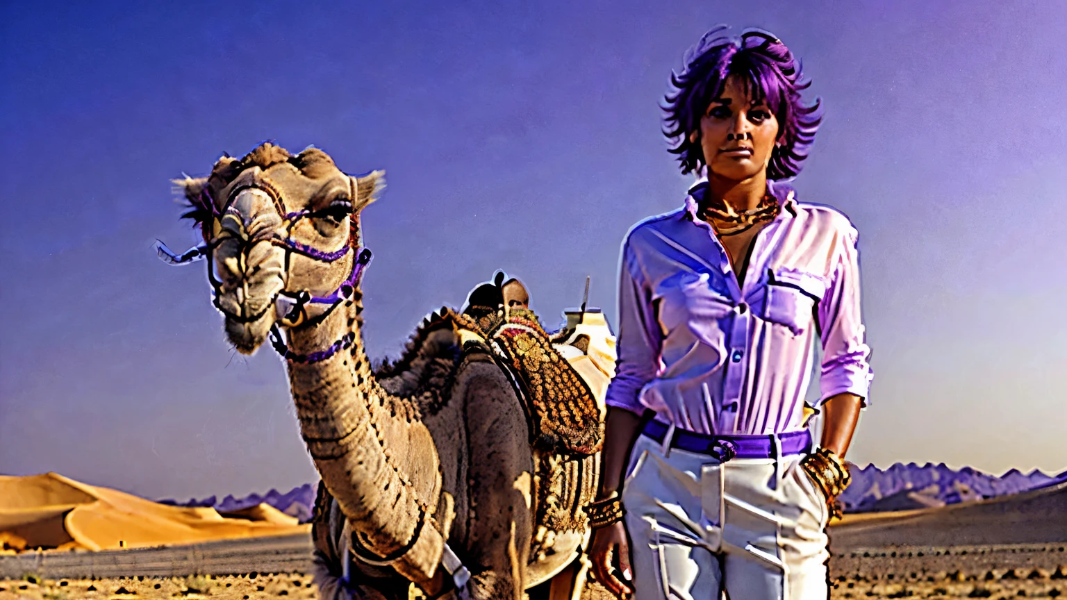 ((1 woman, 1 dromedary )), 25 years old. Skin: Fair to medium brown. Hair: Short to medium hair, purple hair. Eyes: Brown .Features: Soft face, sharp gaze. ((Wearing a white shirt and purple pants, golden bracelets)). in a desert, dromedary near. Arrows in the ground. full body photo, wide shoot