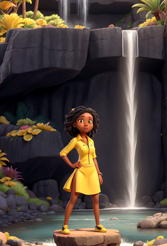 black woman in yellow with waterfall background