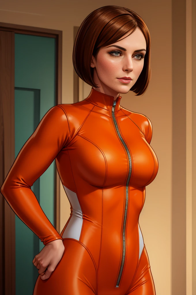Cate Archer, body suit, bobcut, orange and white