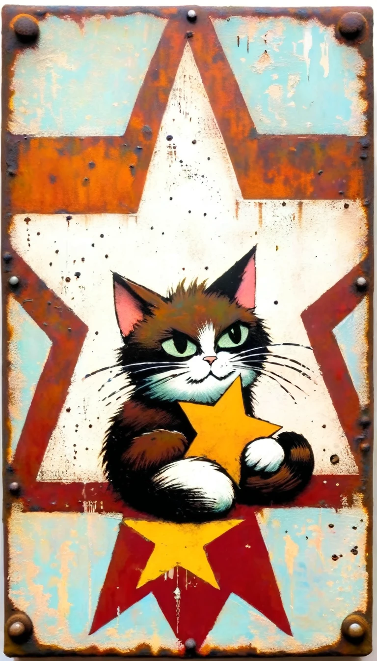 simple decorative rusty metal sign with a drawing of an 1cat and a 1communist star, (art inspired in Skottie Young and Bill Sienkiewicz). oil painting)