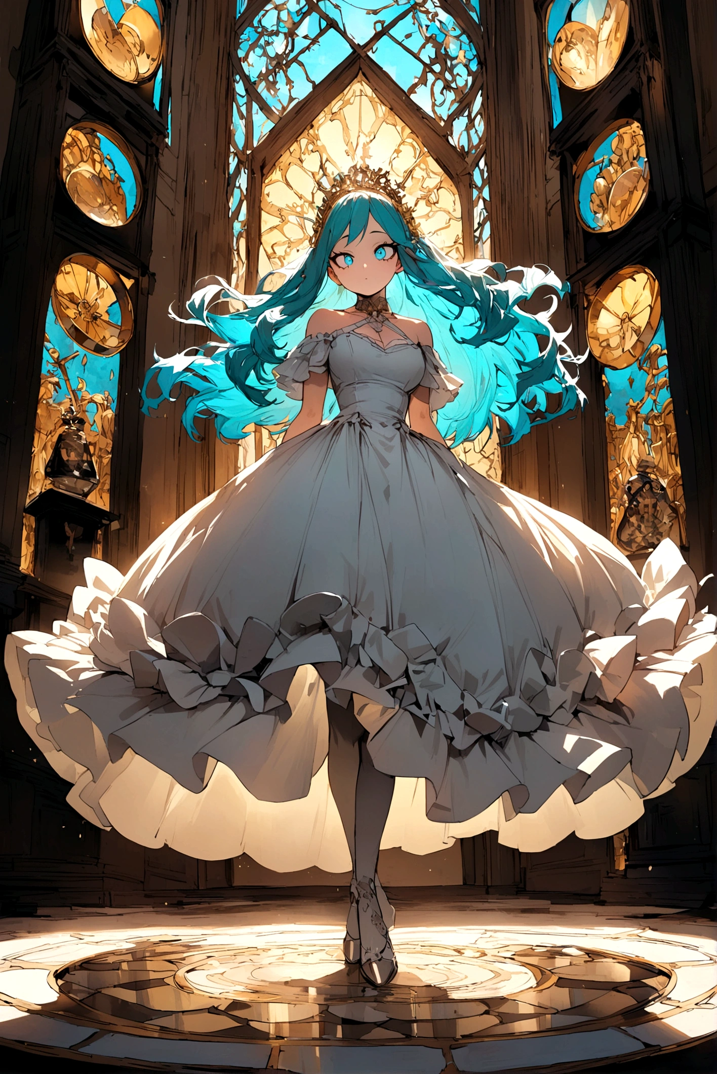 My hero academia, woman with long cyan hair and cyan eyes, wearing a dress and a hourglass figure