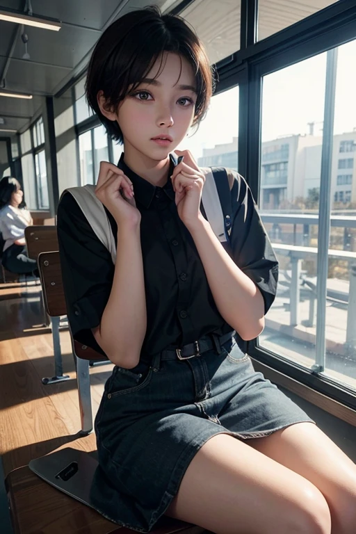 a beautiful girl, 17, short tomboy hair, wearing , sitting on a school bench, chatting with a beautiful girl s old with long smooth black hair wearing the same uniform talking to the girl. crowded classroom atmosphere. 3d realistic art.