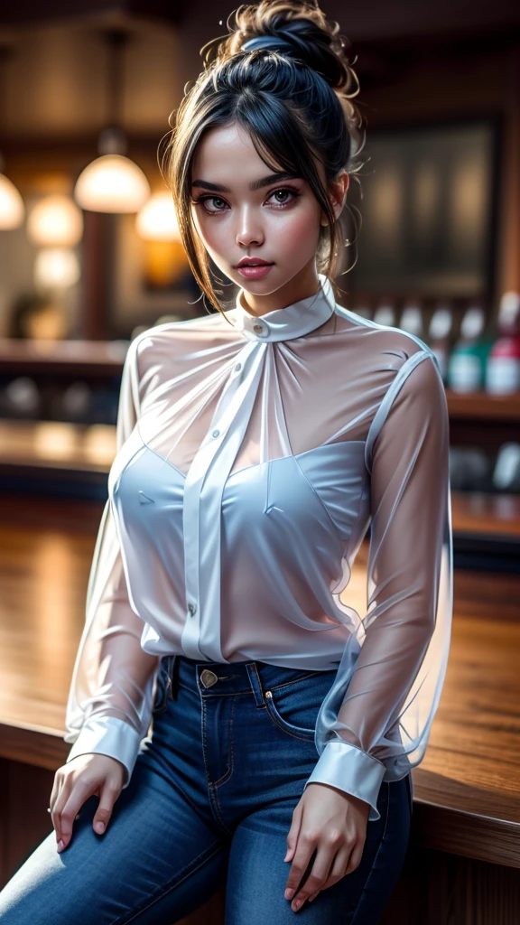 a beautiful young woman with delicate facial features, sitting at a bar with a clear view of the ocean, wearing a grey mesh sweater and tight jeans, leaning on the bar with her arms, with a slender figure and large breasts, 24 years old, charming and seductive eyes, (best quality,4k,8k,highres,masterpiece:1.2),ultra-detailed,(realistic,photorealistic,photo-realistic:1.37),HDR,UHD,studio lighting,ultra-fine painting,sharp focus,physically-based rendering,extreme detail description,professional,vivid colors,bokeh,portrait, ((transparent blouse:1.7)), ((clothes with lace)),