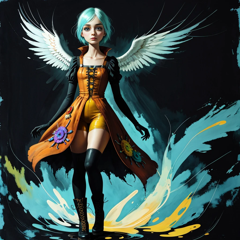 Anthropomorphic baby Tinfoil mutant character blending the distinct artistic techniques of Esao Andrews, modest and cute, showcasing sass, stands shyly, adorned in bright boots, big round eyes, pin-up art inspired by Nicola Samori, oil painting with mixed media textured backdrop, thin neck, full body within the composition, complex detailing, extremely contrasting, intricate patterns, backlighting creating an ethereal atmosphere, enhanced with fine ink rendering for sharp outlines and dry watercolor effects, digital