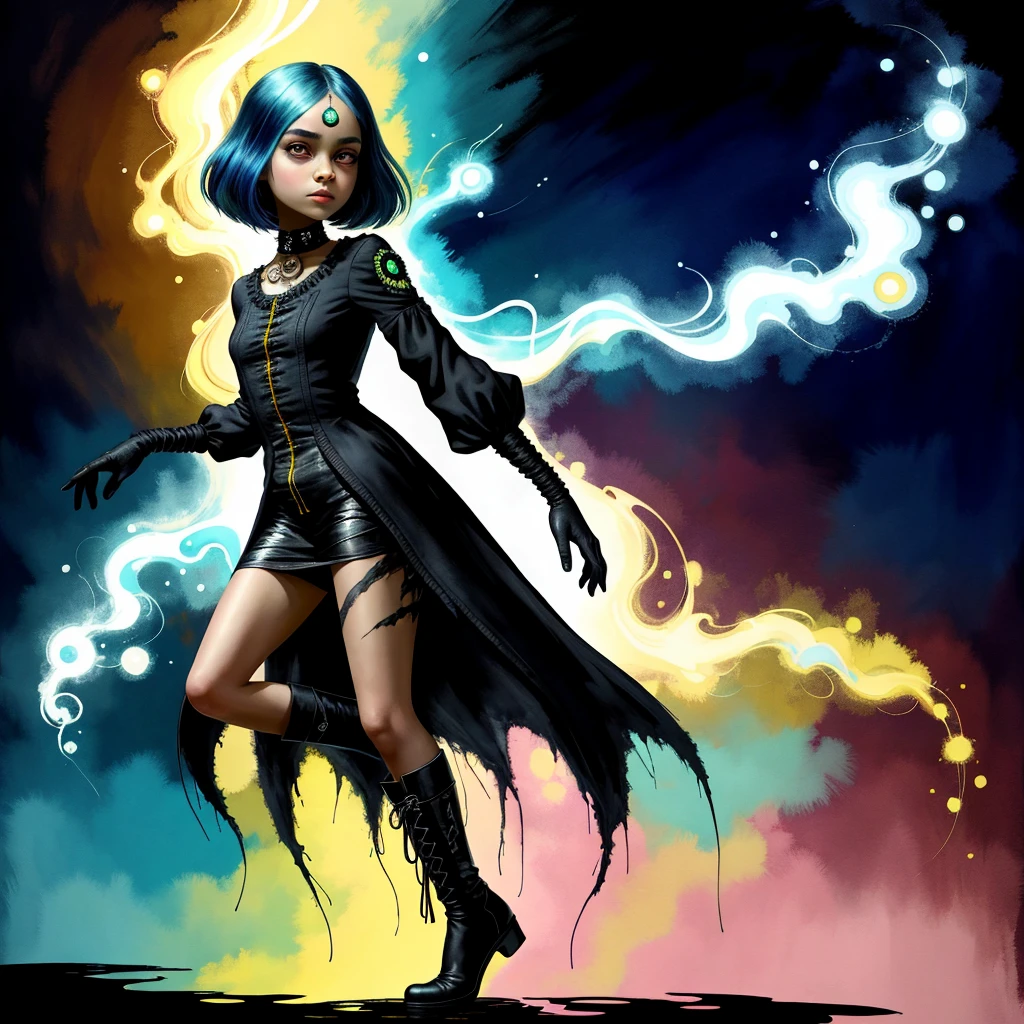 Anthropomorphic baby Tinfoil mutant character blending the distinct artistic techniques of Esao Andrews, modest and cute, showcasing sass, stands shyly, adorned in bright boots, big round eyes, pin-up art inspired by Nicola Samori, oil painting with mixed media textured backdrop, thin neck, full body within the composition, complex detailing, extremely contrasting, intricate patterns, backlighting creating an ethereal atmosphere, enhanced with fine ink rendering for sharp outlines and dry watercolor effects, digital
