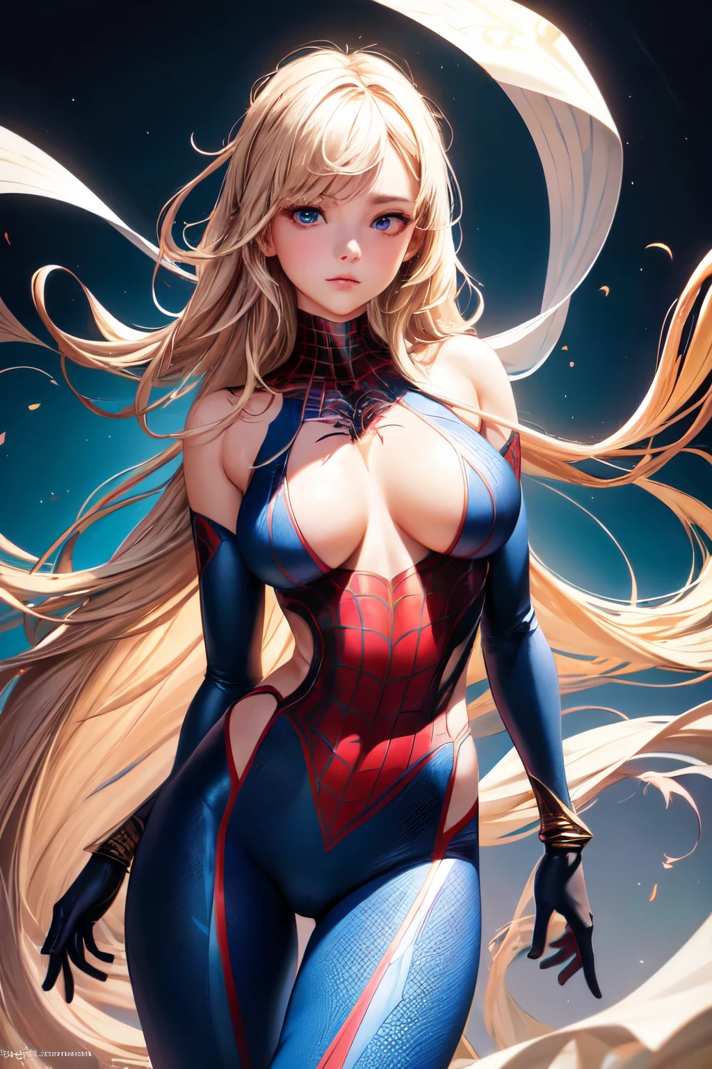 (1 Girl: 1.3)
Solitary,
((Very Delicate face)))),
((Very detailed eyes and face)))),
Eyes in beautiful detail, body parts emphasized on the face, neck, and hands,
Official Art, Unity 8k wallpaper,
Very detailed, beautiful and beautiful, beautiful, masterpiece, best quality,
The original, masterpiece, Ultra-detailed photos, best quality, Ultra-high resolution, Realism,
Sunlight, Full body portrait, Stunning beauty, Dynamic poses, Delicate face, Vibrant eyes,
(From the front), She's wearing a Spider-Man suit with a
