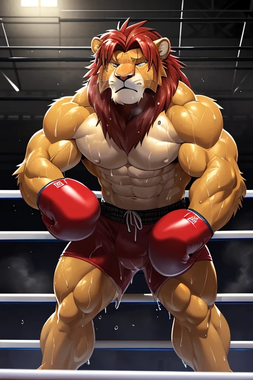 ((solo)), (anthro:1.2) lion (lora; simba), adult, (athletic:1.4), (dense muscles), (super strong:1.4), (correct anatomy:1.2), (broad shoulders:1.2), (heavy build, massive body:1.6), (realistic fur, detailed fur texture:1.3), detailed background (corner of the boxing ring:1.6), photorealistic, (black compression shorts), (bare torso:1.4), (barefoot:1.2), (detailed clothing), hyperrealistic, ultradetailed, (by wfa:1.2), (by takemoto_arashi, by vorusuarts, by Traver009:1, by grimfaust:1), natural lighting, (wet. sweat:1.4), exhausted, feline head (open eyes, red mane), (steaming breath:1.2), ((serious:1.4) expression), (leaning over post:1.6), (view from below:1.4)