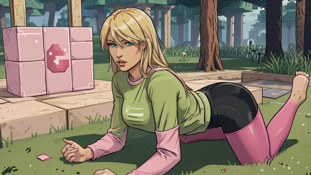 one person, sexy female blond character, green eyes, pink long-sleeve T-shirt, black leggings, in minecraft,