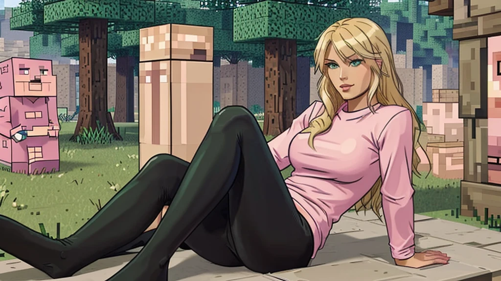 one person, sexy female blond character, green eyes, pink long-sleeve T-shirt, black leggings, in minecraft, 