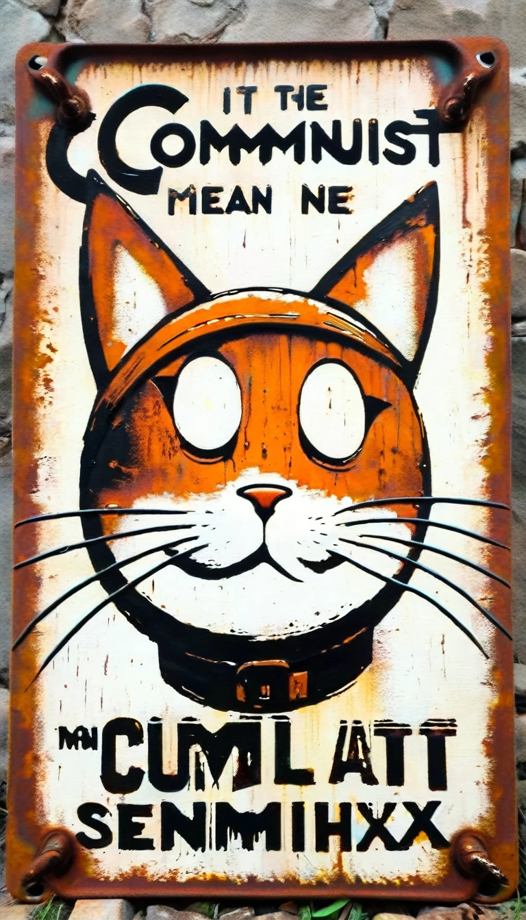 simple decorative rusty metal sign with a drawing of an 1cat communist (art inspired in Skottie Young and Bill Sienkiewicz). oil painting)