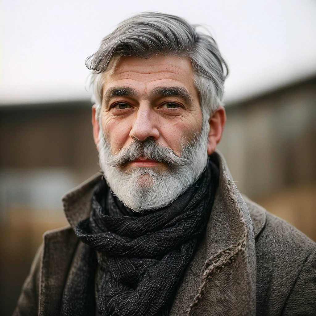bushy man with beard and scarf, gray hair and beard, dark grey haired man, some grey hair in beard, short white beard, greybeard, silver hair and beard, he has a beard and graying hair, greybeard, well-groomed white beard and hair, white hair and beard, greybeard aparada, midle age man