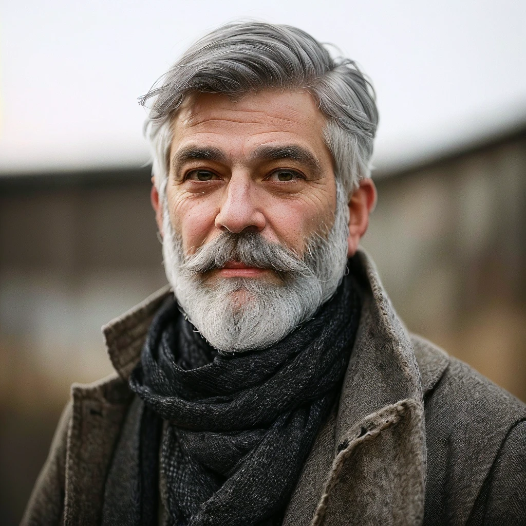 bushy man with beard and scarf, gray hair and beard, dark grey haired man, some grey hair in beard, short white beard, greybeard, silver hair and beard, he has a beard and graying hair, greybeard, well-groomed white beard and hair, white hair and beard, greybeard aparada, midle age man