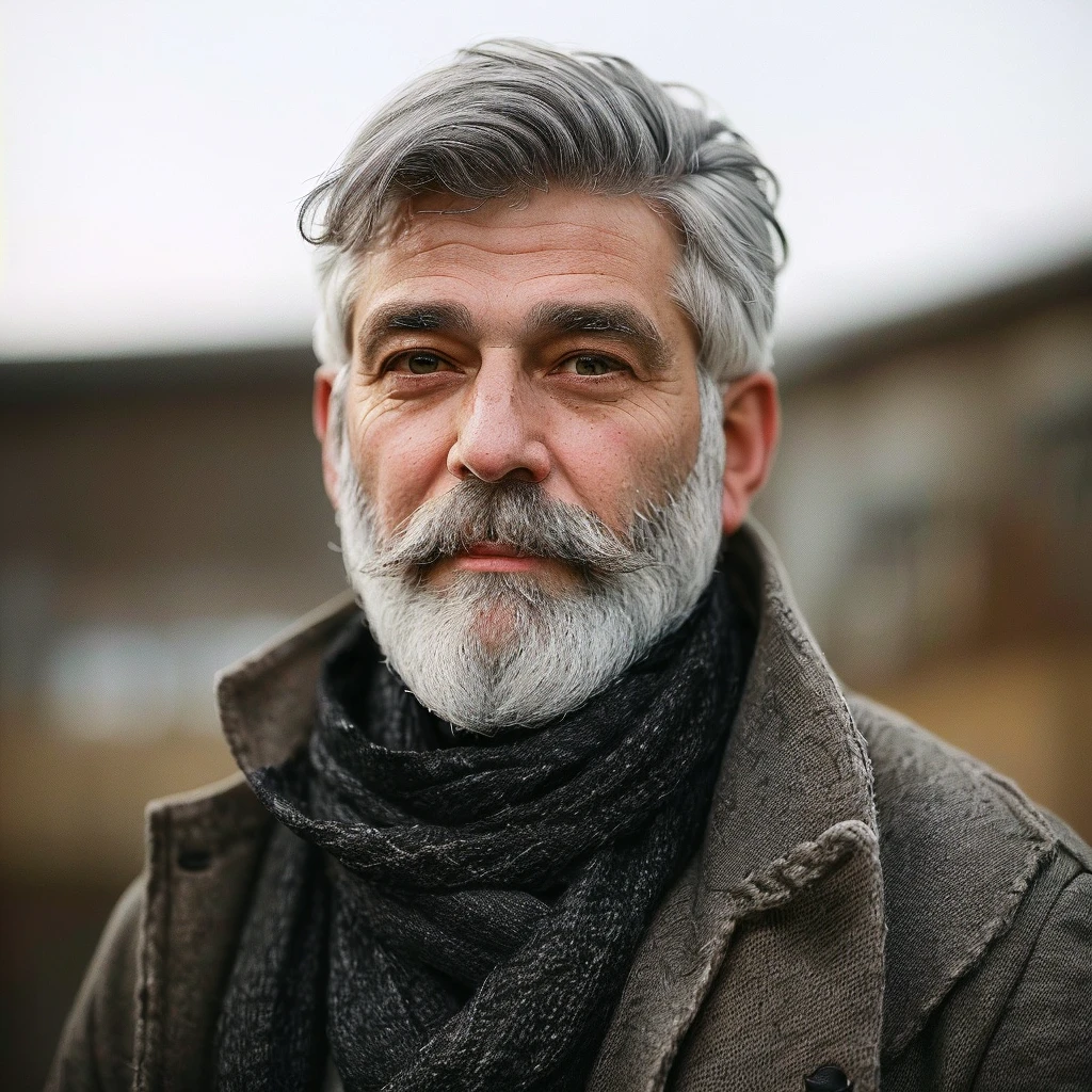 bushy man with beard and scarf, gray hair and beard, dark grey haired man, some grey hair in beard, short white beard, greybeard, silver hair and beard, he has a beard and graying hair, greybeard, well-groomed white beard and hair, white hair and beard, greybeard aparada, midle age man