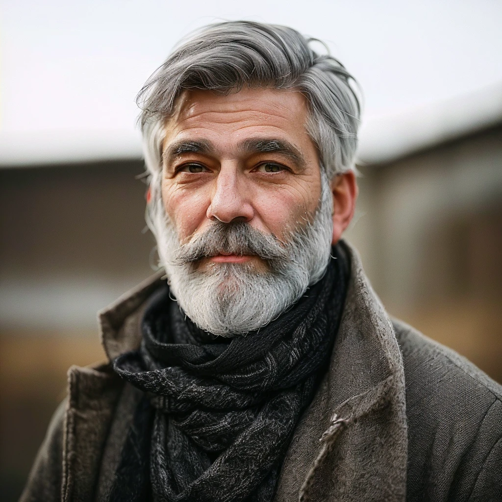 bushy man with beard and scarf, gray hair and beard, dark grey haired man, some grey hair in beard, short white beard, greybeard, silver hair and beard, he has a beard and graying hair, greybeard, well-groomed white beard and hair, white hair and beard, greybeard aparada, midle age man